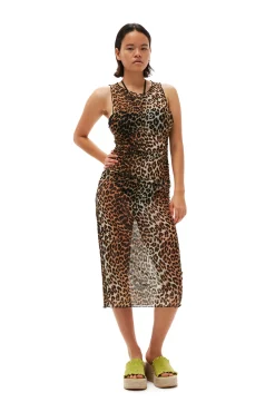 Shop GANNI Armelloses Kleid Mit Mesh-Abdeckung Leopard