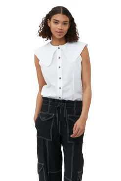 Discount GANNI Armelloses Ruschenkragenhemd Aus Cotton Poplin Bright White