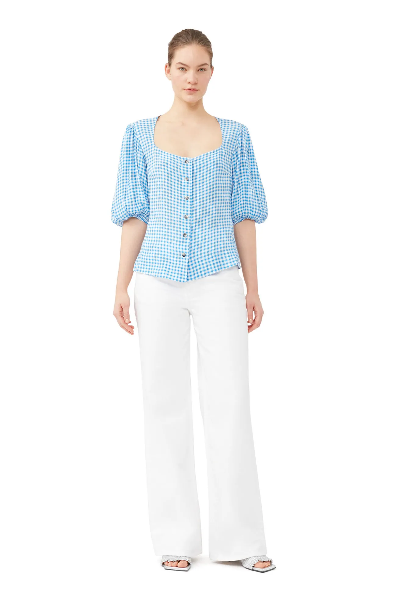 Fashion GANNI Bedruckte Button-Down-Bluse Aus Krepp Strong Blue
