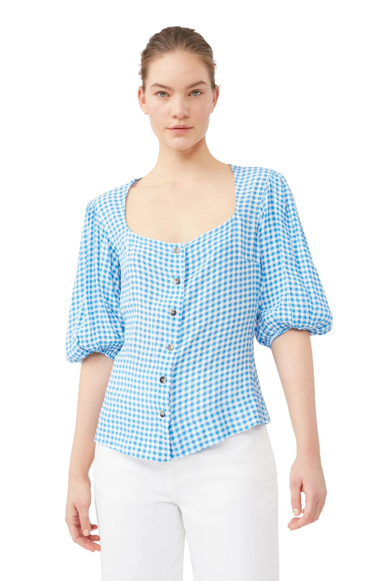 Fashion GANNI Bedruckte Button-Down-Bluse Aus Krepp Strong Blue