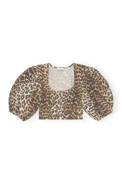 Fashion GANNI Bedruckte Crop-Bluse Mit Reisverschluss Big Leopard Almond Milk