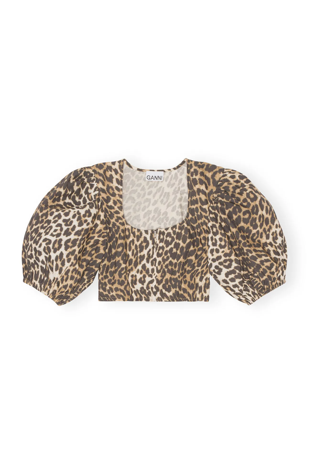 Fashion GANNI Bedruckte Crop-Bluse Mit Reisverschluss Big Leopard Almond Milk