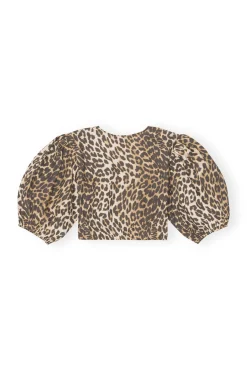 Fashion GANNI Bedruckte Crop-Bluse Mit Reisverschluss Big Leopard Almond Milk
