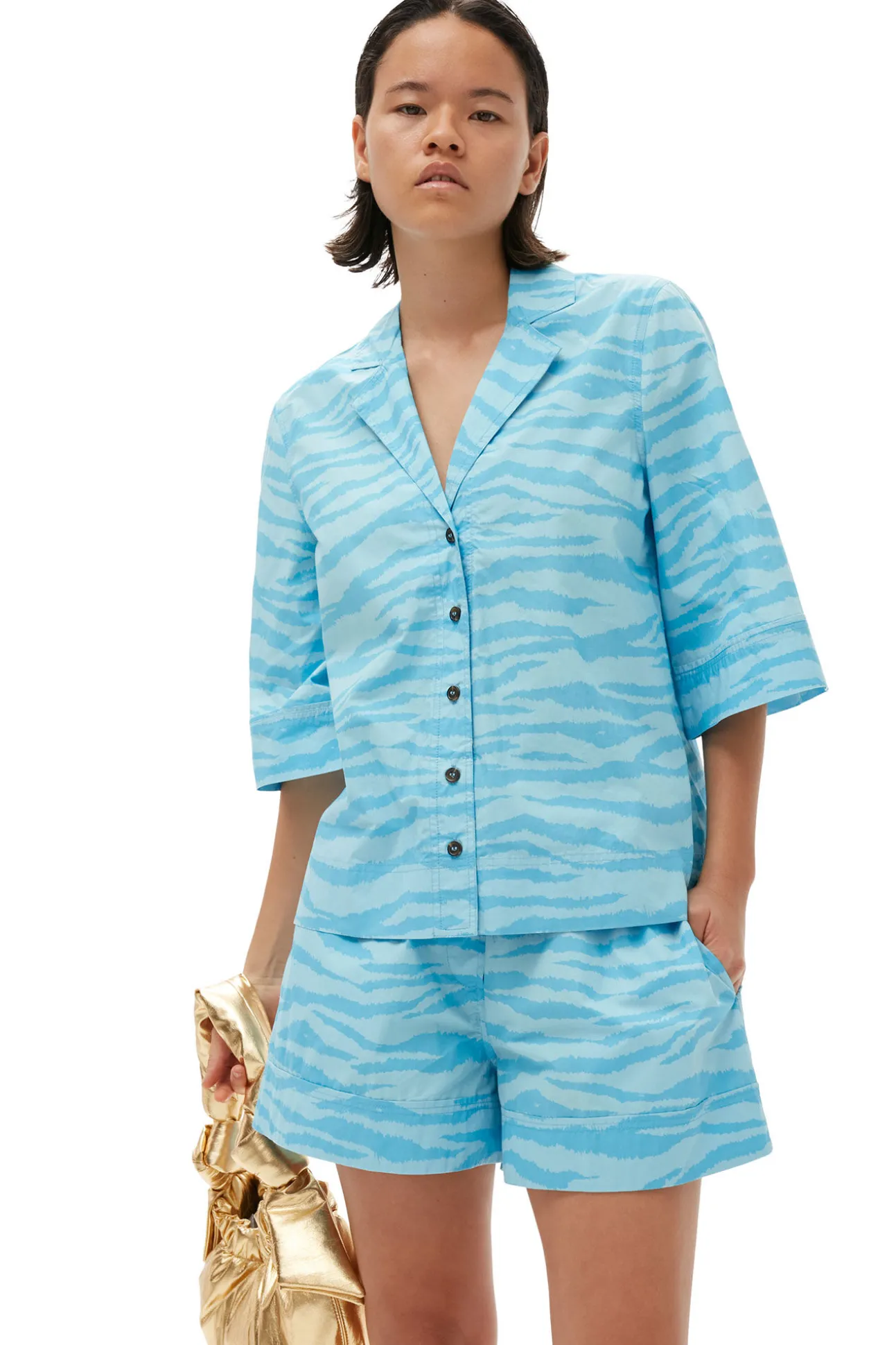 New GANNI Bedruckte Elastische Cotton-Shorts Ethereal Blue