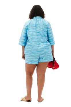 New GANNI Bedruckte Elastische Cotton-Shorts Ethereal Blue