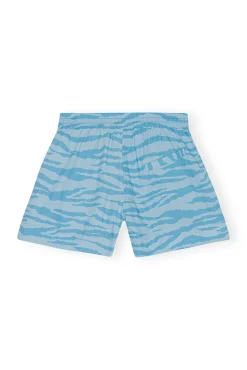 New GANNI Bedruckte Elastische Cotton-Shorts Ethereal Blue