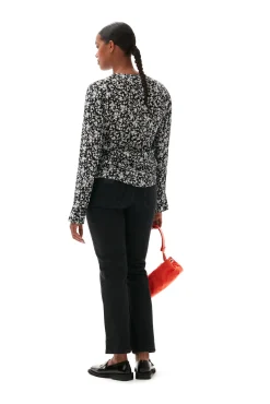 Best GANNI Bedruckte Krepp-Bluse Mit O-Ausschnitt Black
