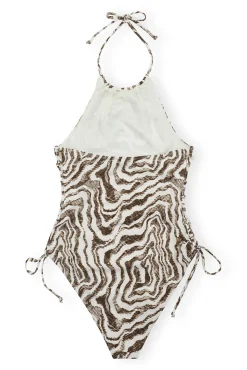 Clearance GANNI Bedruckter Badeanzug Mit Band Aus Recyceltem Material Egret