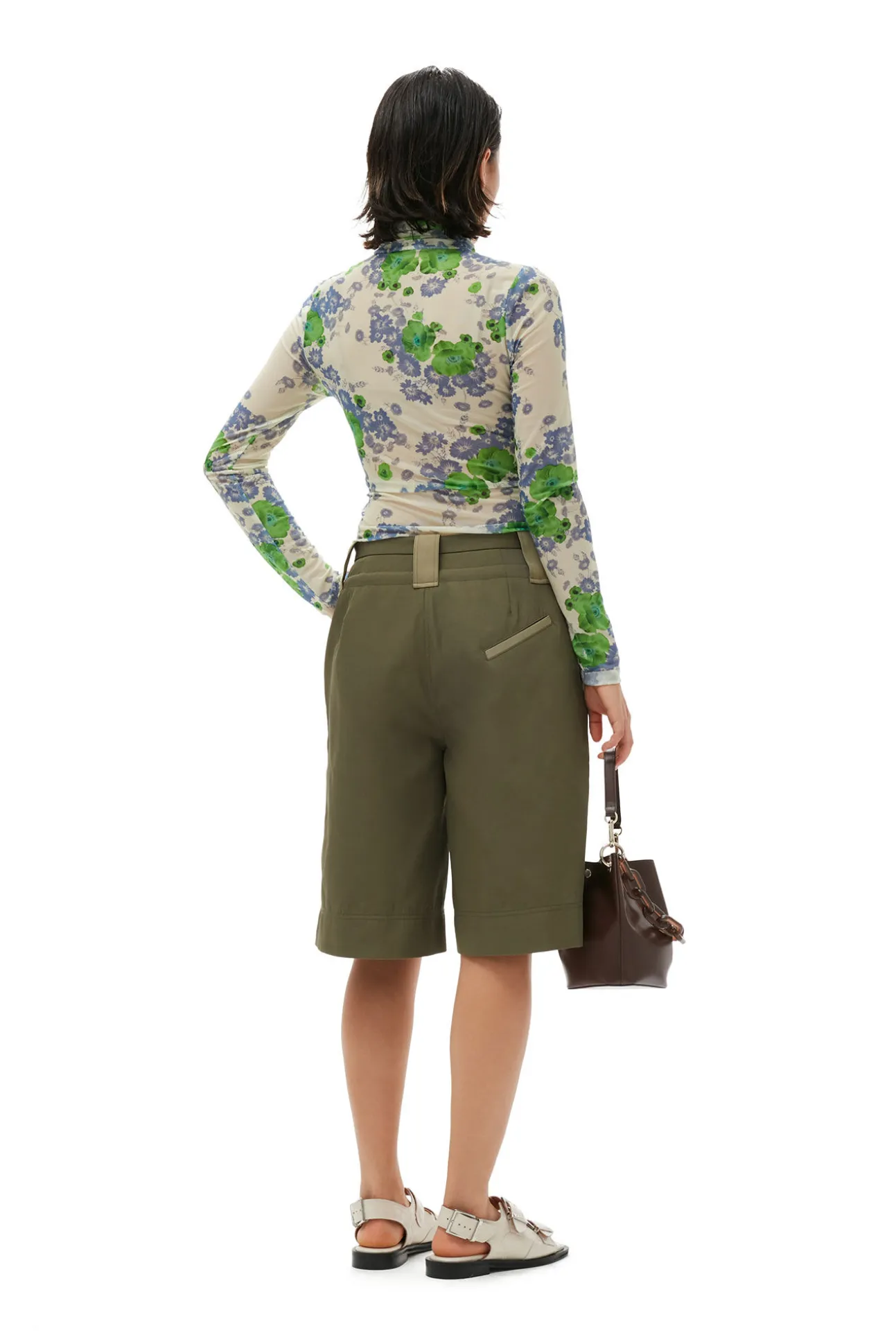Sale GANNI Bedruckter Langarm-Rollkragenpullover Aus Mesh Egret