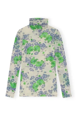 Sale GANNI Bedruckter Langarm-Rollkragenpullover Aus Mesh Egret