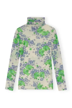 Sale GANNI Bedruckter Langarm-Rollkragenpullover Aus Mesh Egret