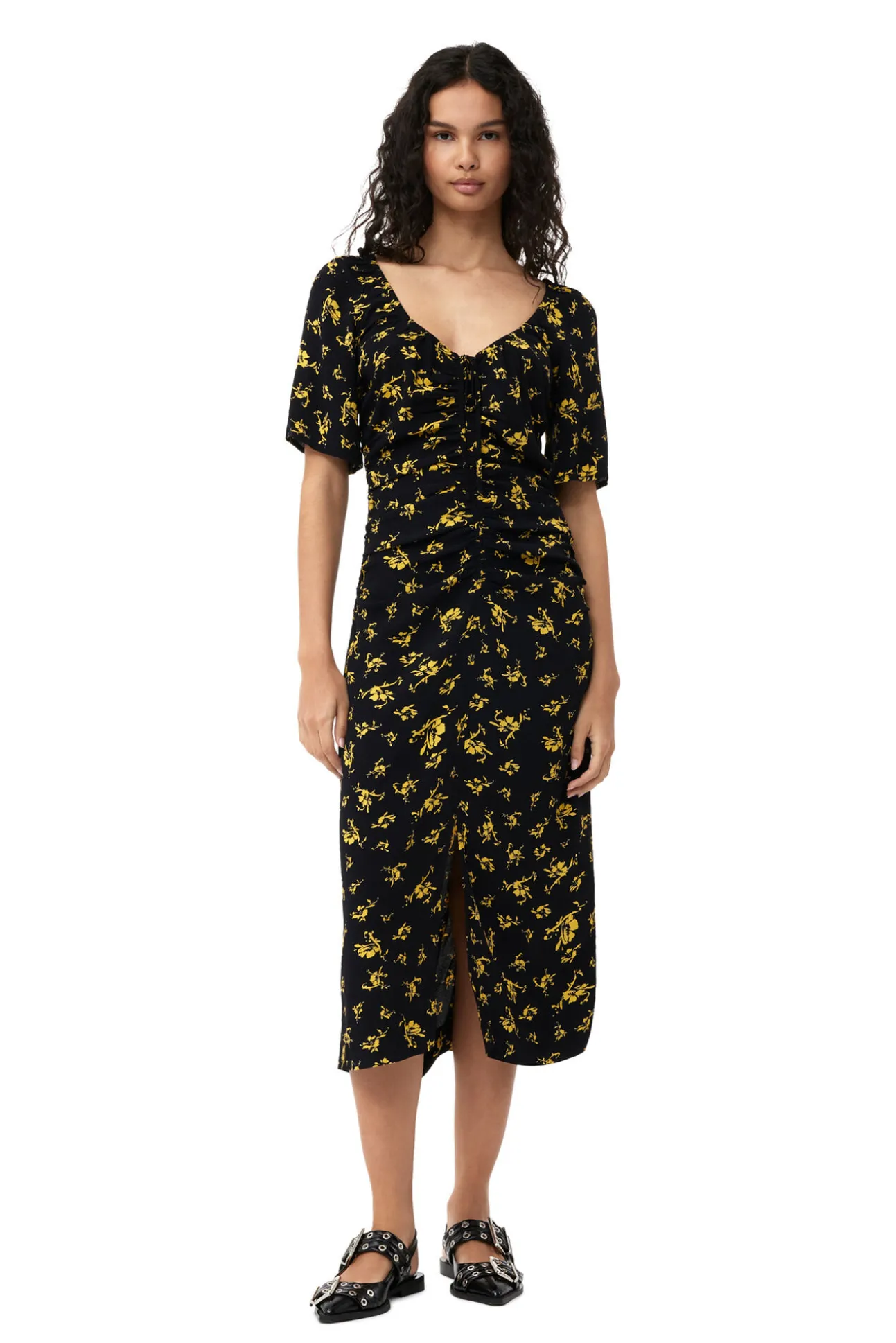 Store GANNI Bedrucktes Crepe-Midikleid Mit U-Ausschnitt Black