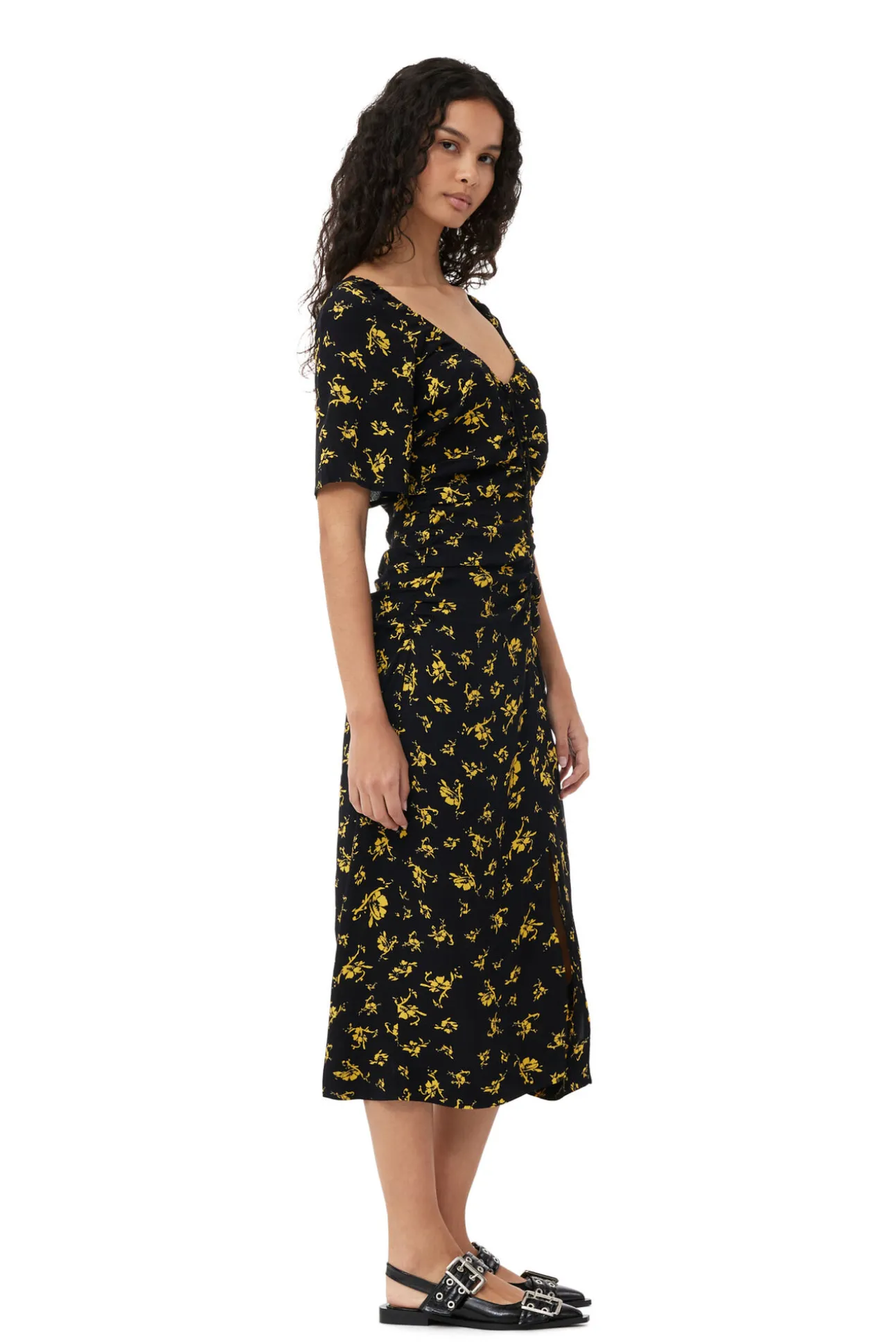 Store GANNI Bedrucktes Crepe-Midikleid Mit U-Ausschnitt Black