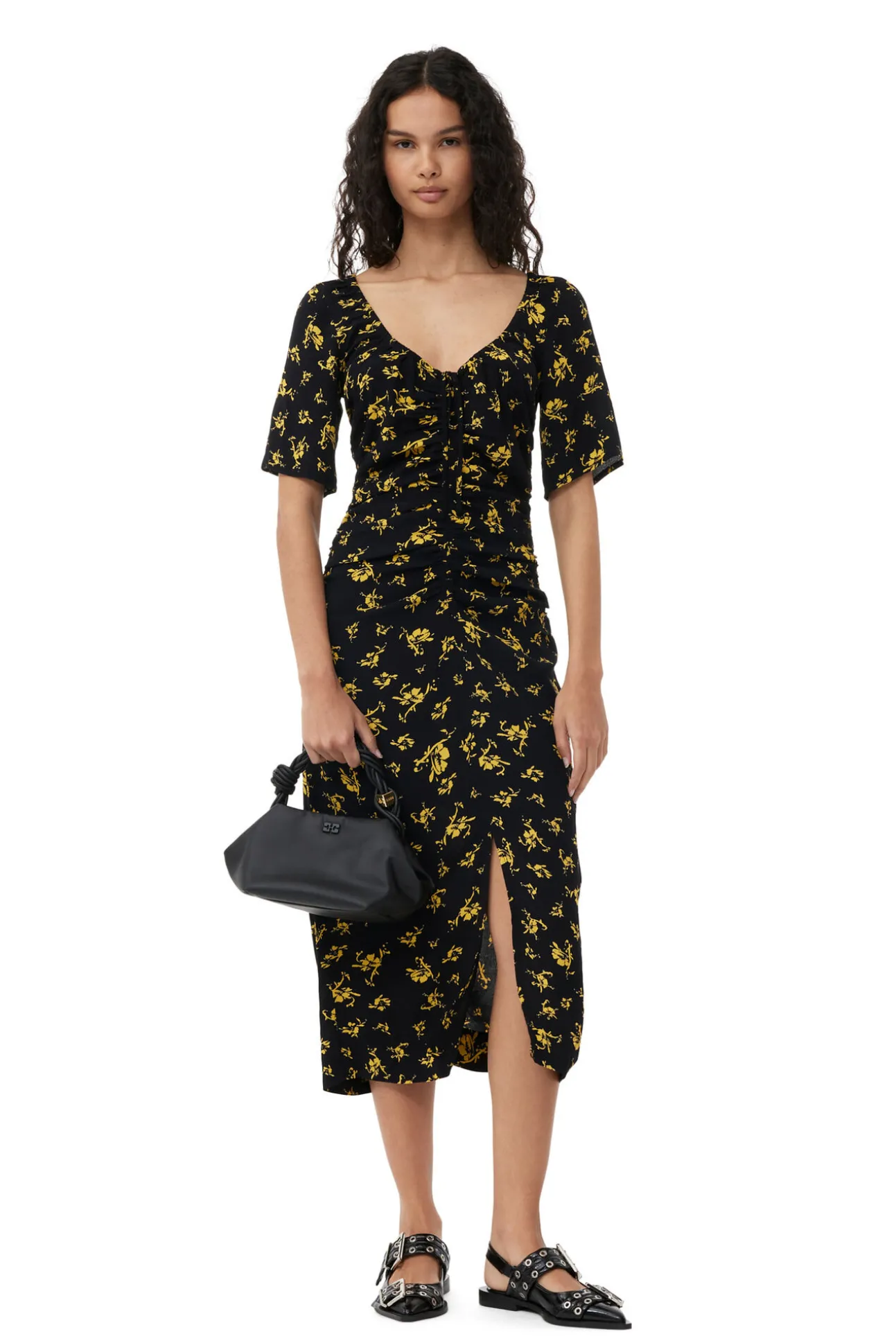 Store GANNI Bedrucktes Crepe-Midikleid Mit U-Ausschnitt Black