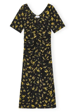 Store GANNI Bedrucktes Crepe-Midikleid Mit U-Ausschnitt Black