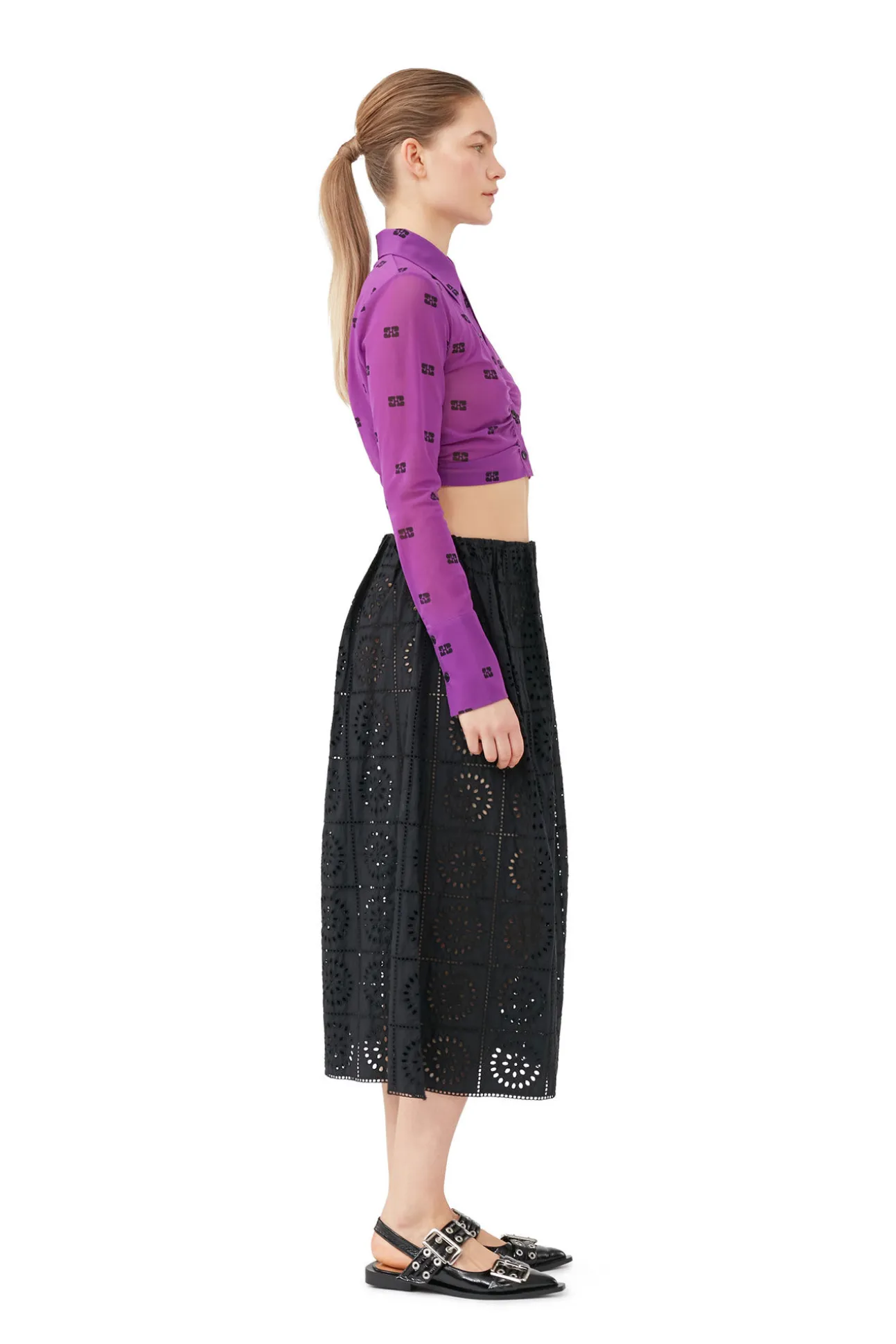 Best Sale GANNI Bedrucktes Crop-Shirt Aus Mesh Mit Ruschen Sparkling Grape