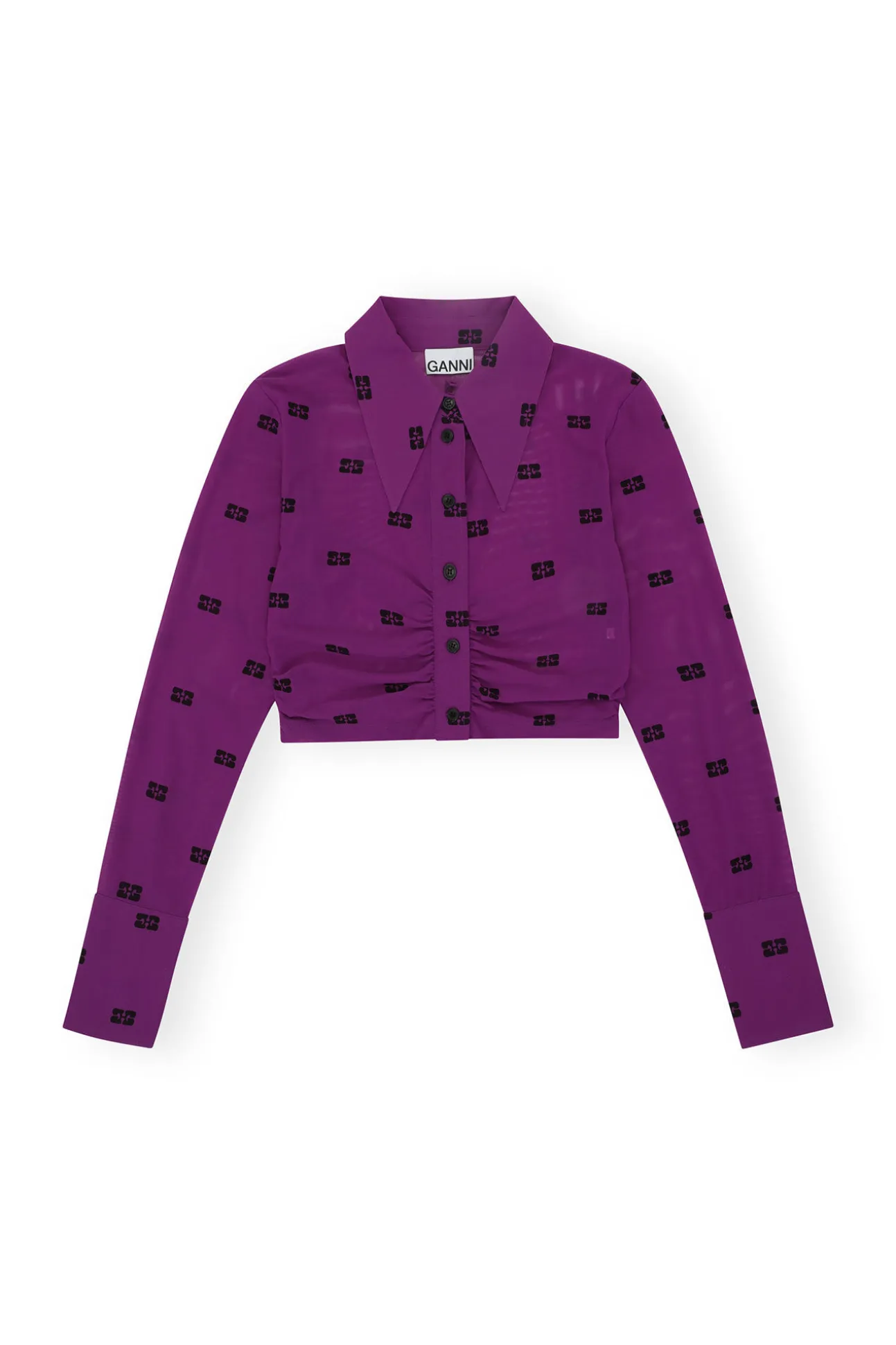 Best Sale GANNI Bedrucktes Crop-Shirt Aus Mesh Mit Ruschen Sparkling Grape