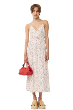 New GANNI Bedrucktes Georgette-Wickelkleid Mit Tragern Egret
