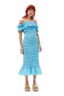 Cheap GANNI Bedrucktes, Gesmoktes Off-Shoulder-Midikleid Aus Cotton Ethereal Blue