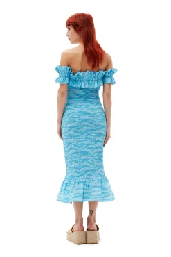 Cheap GANNI Bedrucktes, Gesmoktes Off-Shoulder-Midikleid Aus Cotton Ethereal Blue