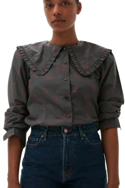 Best Sale GANNI Bedrucktes Hemd Mit Ruschenkragen Aus Cotton Volcanic Ash