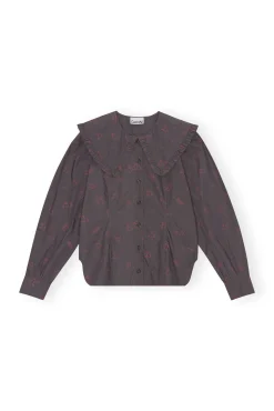 Best Sale GANNI Bedrucktes Hemd Mit Ruschenkragen Aus Cotton Volcanic Ash