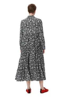 Fashion GANNI Bedrucktes Krepp-Lagenkleid Black