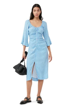 Best Sale GANNI Bedrucktes Krepp-Midikleid Mit U-Ausschnitt Strong Blue