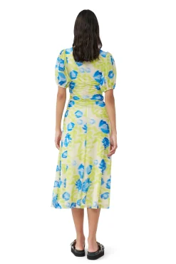Best Sale GANNI Bedrucktes Mesh-Midikleid Mit Puffarmeln Strong Blue