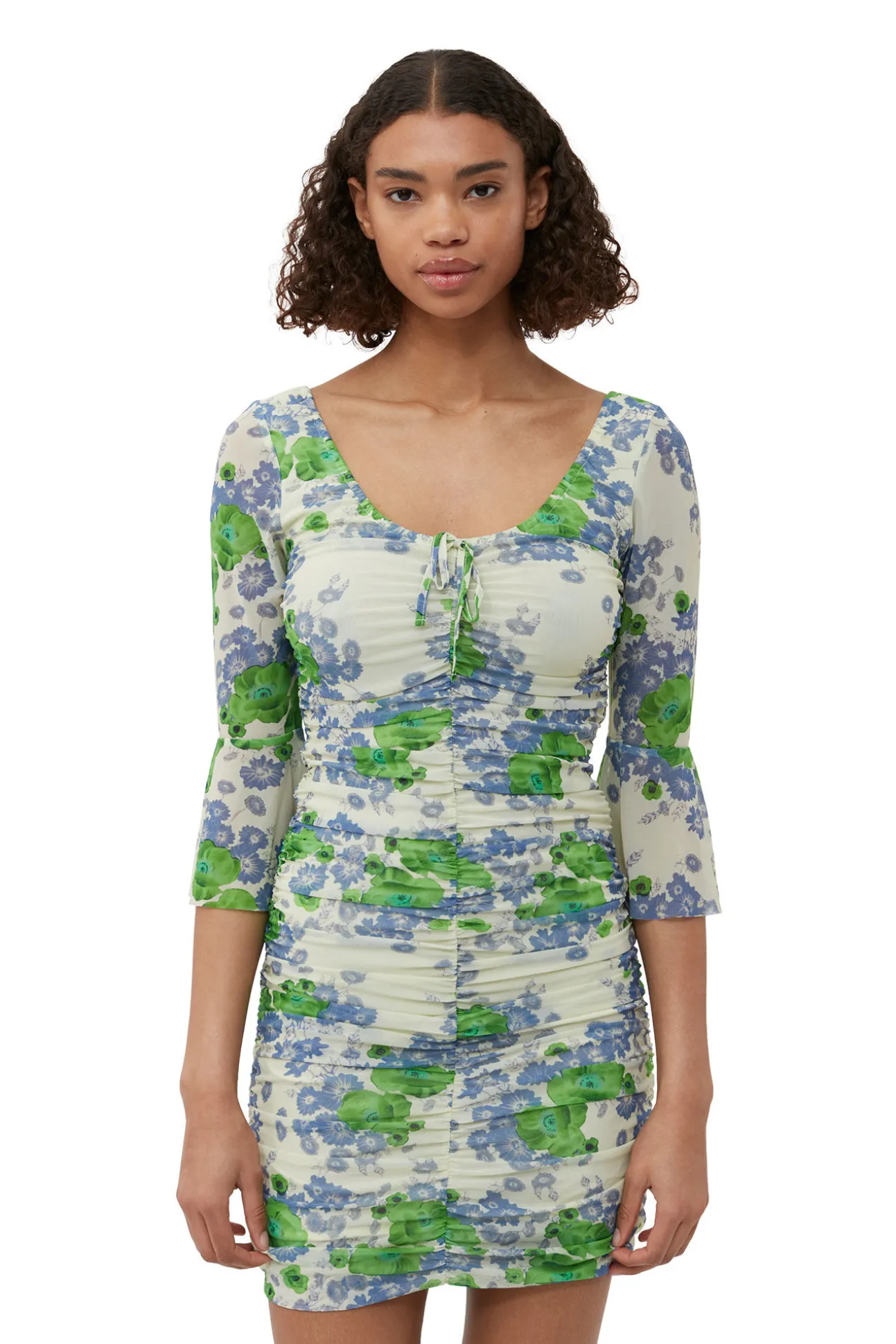 Outlet GANNI Bedrucktes Mesh-Minikleid Mit Ruschen Und U-Ausschnitt Egret