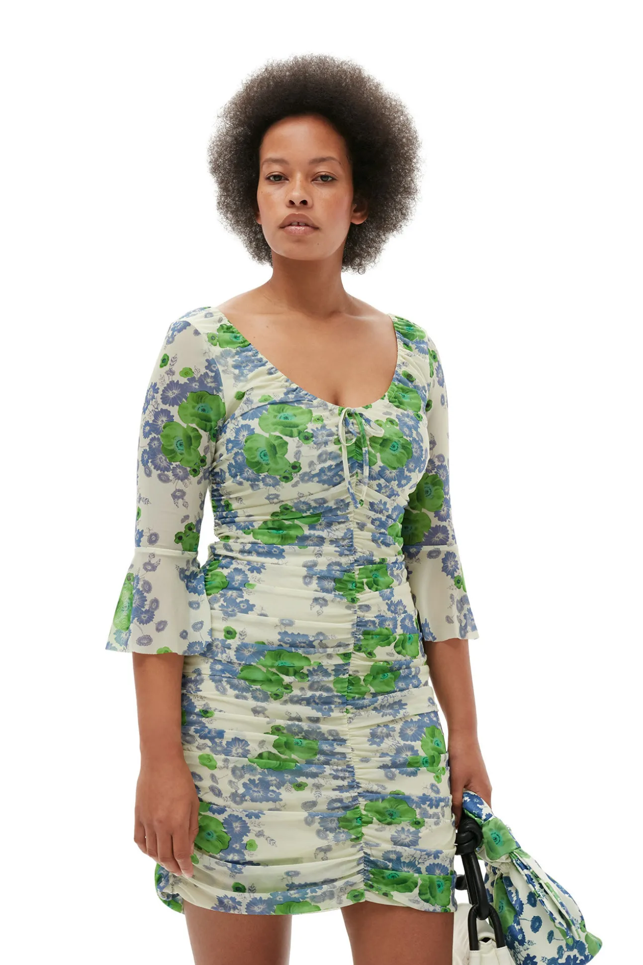 Outlet GANNI Bedrucktes Mesh-Minikleid Mit Ruschen Und U-Ausschnitt Egret