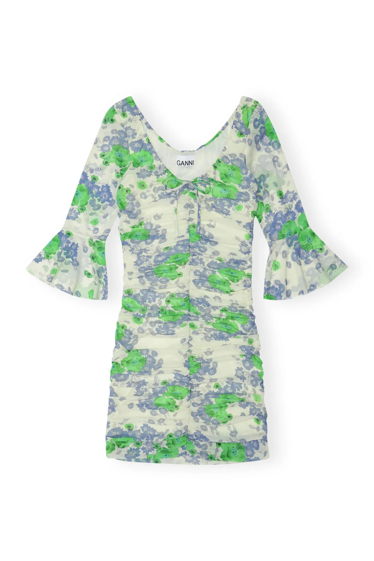 Outlet GANNI Bedrucktes Mesh-Minikleid Mit Ruschen Und U-Ausschnitt Egret