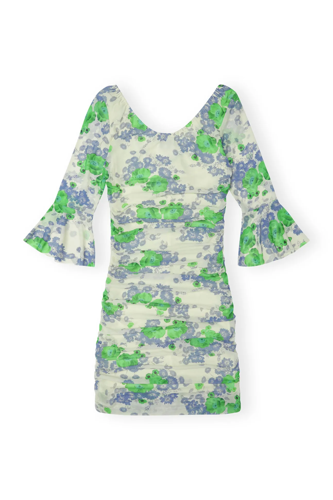 Outlet GANNI Bedrucktes Mesh-Minikleid Mit Ruschen Und U-Ausschnitt Egret