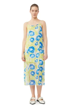 Store GANNI Bedrucktes Mesh-Slip-Kleid Strong Blue