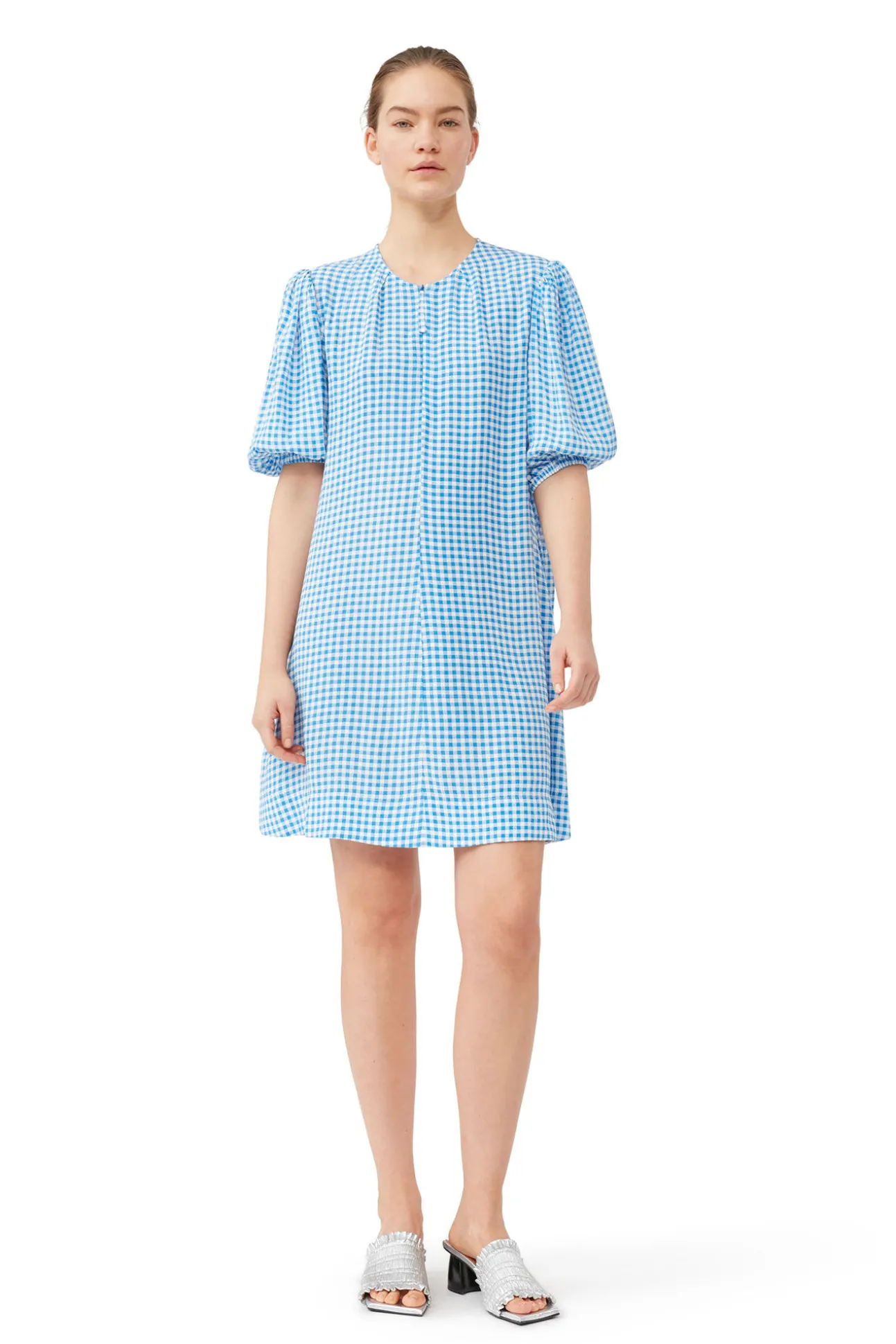 Fashion GANNI Bedrucktes Minikleid Aus Krepp Strong Blue