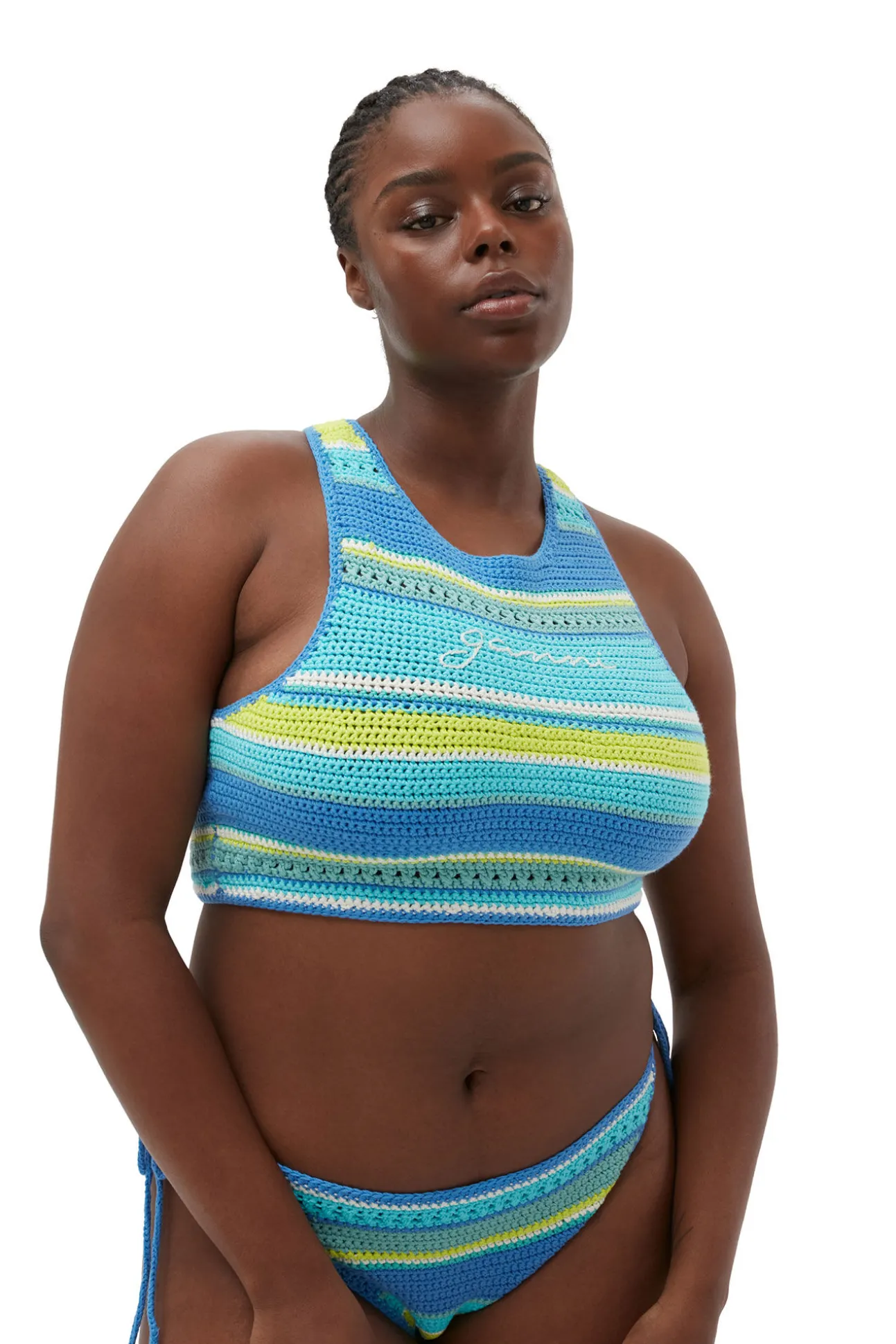 Clearance GANNI Blaue Gehakelte String-Bikinihose Blue Curacao