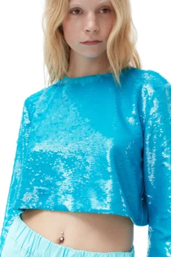 New GANNI Blaue Paillettenbluse Blue Curacao