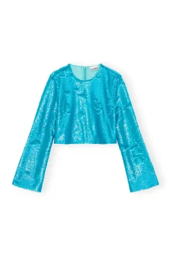 New GANNI Blaue Paillettenbluse Blue Curacao