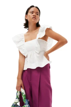 Clearance GANNI Bluse Aus Cotton Poplin Mit Ruschen Bright White