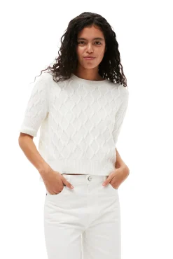 Sale GANNI Cotton-Oberteil Mit Zopfmuster Und Offenem Rucken Bright White