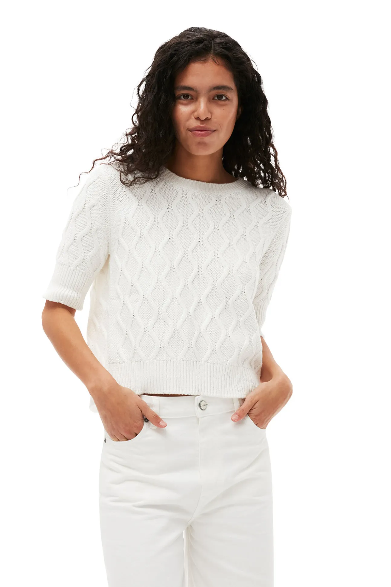 Sale GANNI Cotton-Oberteil Mit Zopfmuster Und Offenem Rucken Bright White
