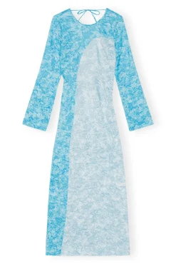 New GANNI Crinkled Maxikleid Aus Satin Ethereal Blue