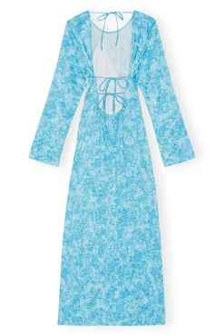 New GANNI Crinkled Maxikleid Aus Satin Ethereal Blue