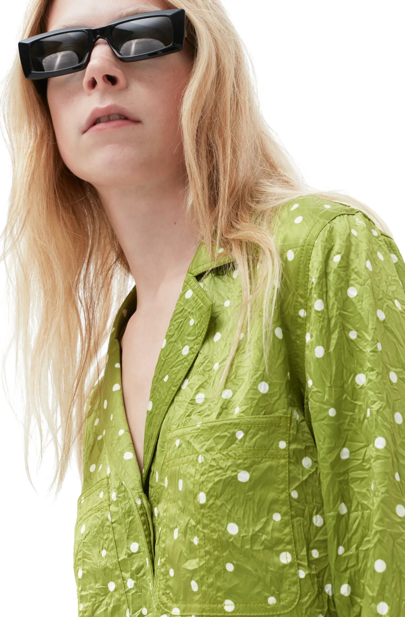 Cheap GANNI Crinkled Satin Cropped Blazer Shirt Going Green