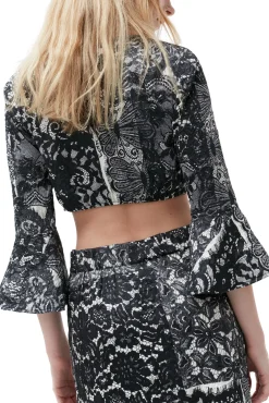 Cheap GANNI Crinkled Satin Cropped Blouse Black
