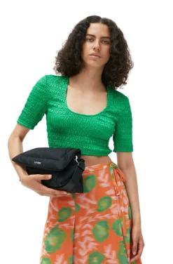 Store GANNI Crinkled Satin Cropped Smock Blouse Bright Green