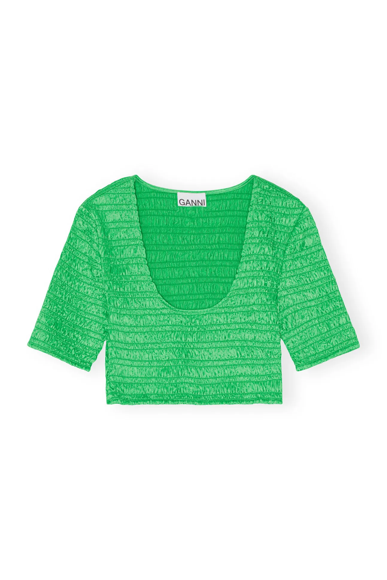 Store GANNI Crinkled Satin Cropped Smock Blouse Bright Green