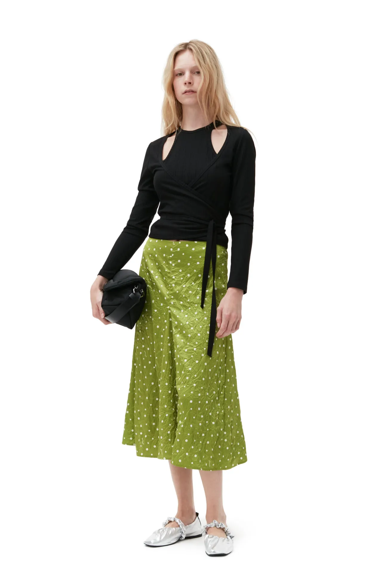 Shop GANNI Crinkled Satin Midi Skirt Going Green