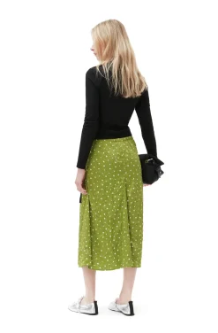 Shop GANNI Crinkled Satin Midi Skirt Going Green