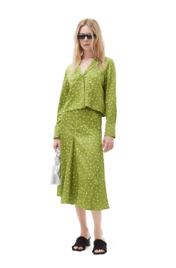 Shop GANNI Crinkled Satin Midi Skirt Going Green